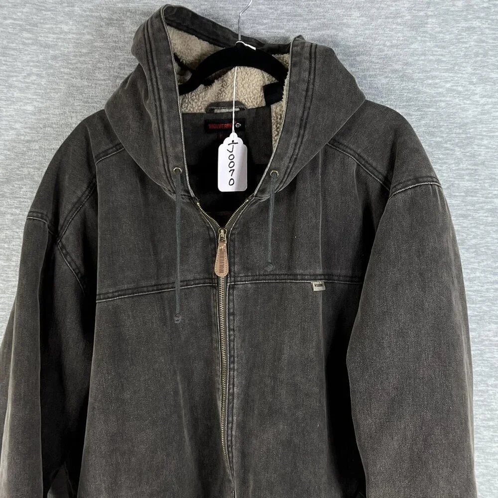 Wolverine Mens XXL Duck Hooded Full-Zip Chore Jacket Sherpa Lined Gray Outerwear